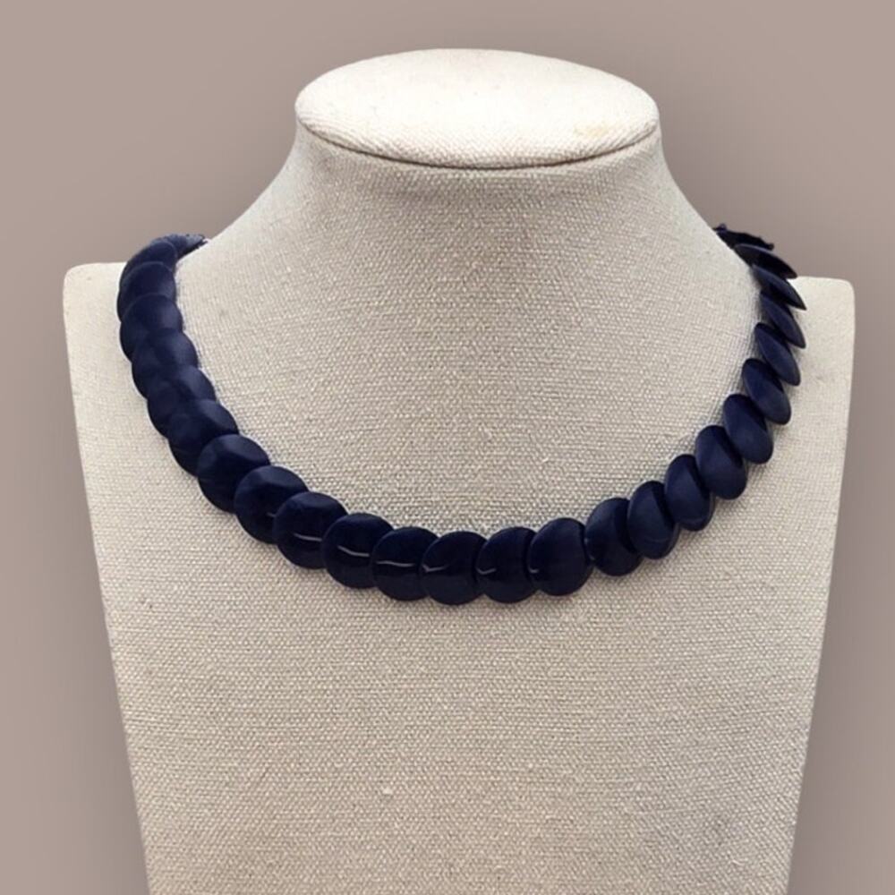 Navy Blue Disc Bead Statement Necklace Minimalist Modern Sculptural Bold
